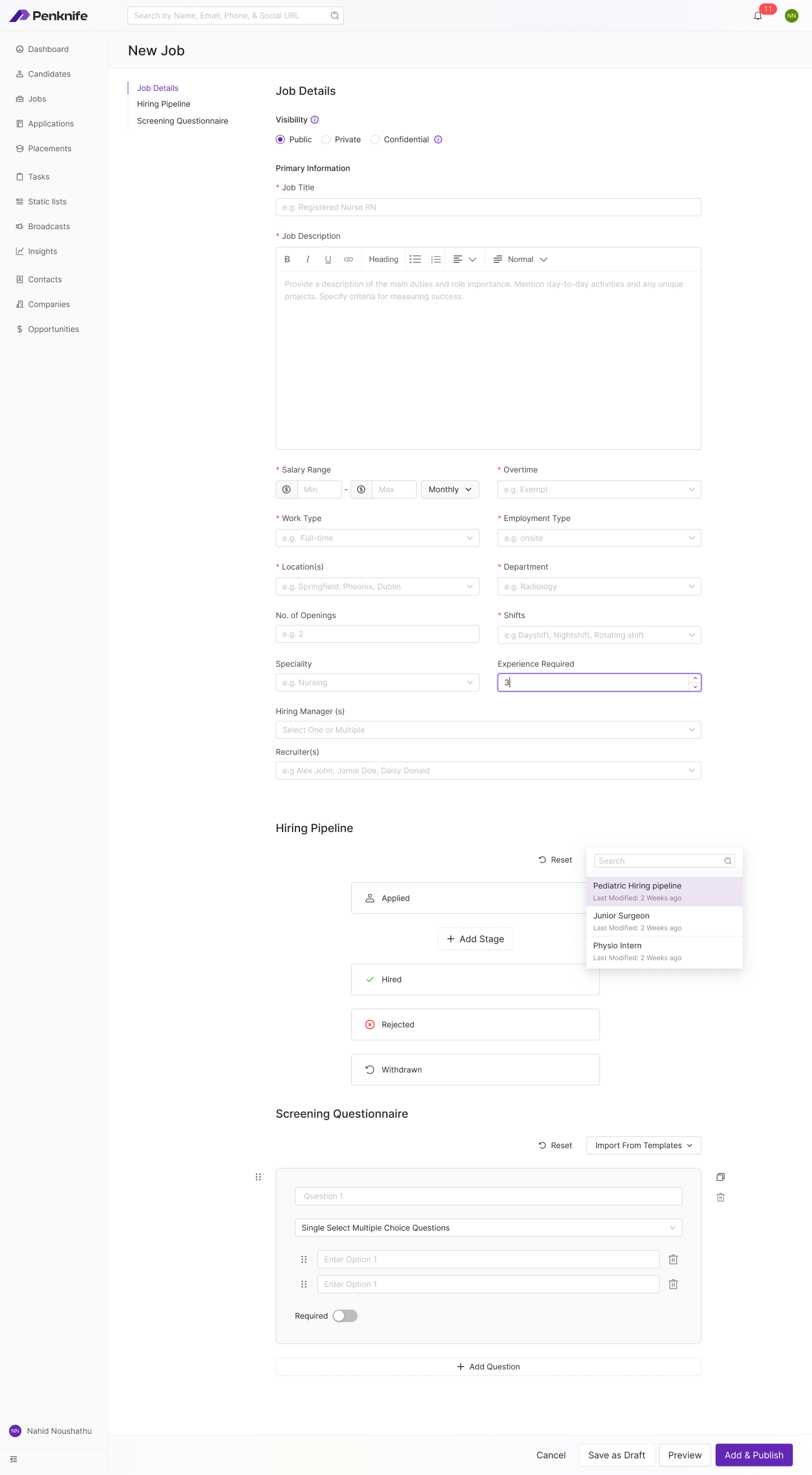 Penknife new job form — job details, hiring pipeline builder and screening questionnaire