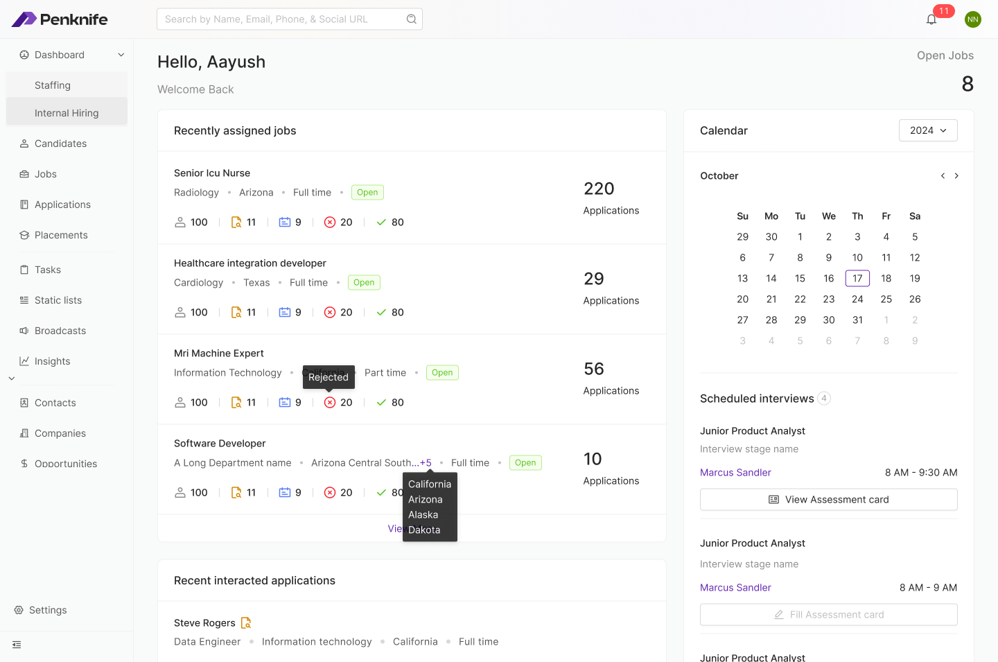 Penknife sidebar for an admin holding both staffing and internal hiring permissions — Dashboard expands into Staffing and Internal Hiring