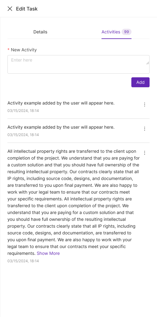 Penknife edit task drawer — activities tab with an append-only log