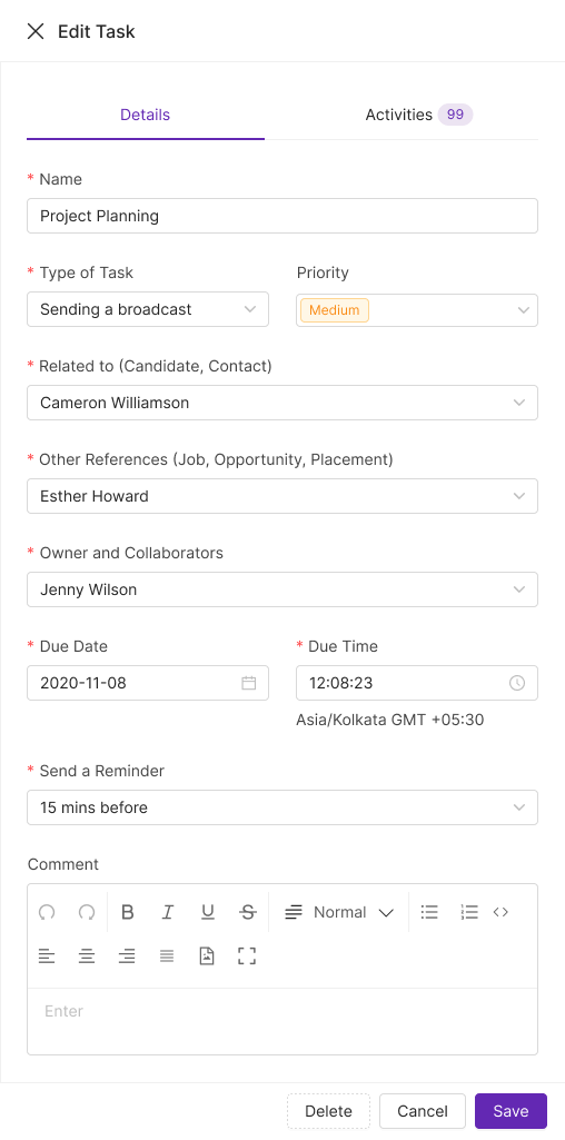 Penknife edit task drawer — details tab with polymorphic reference fields
