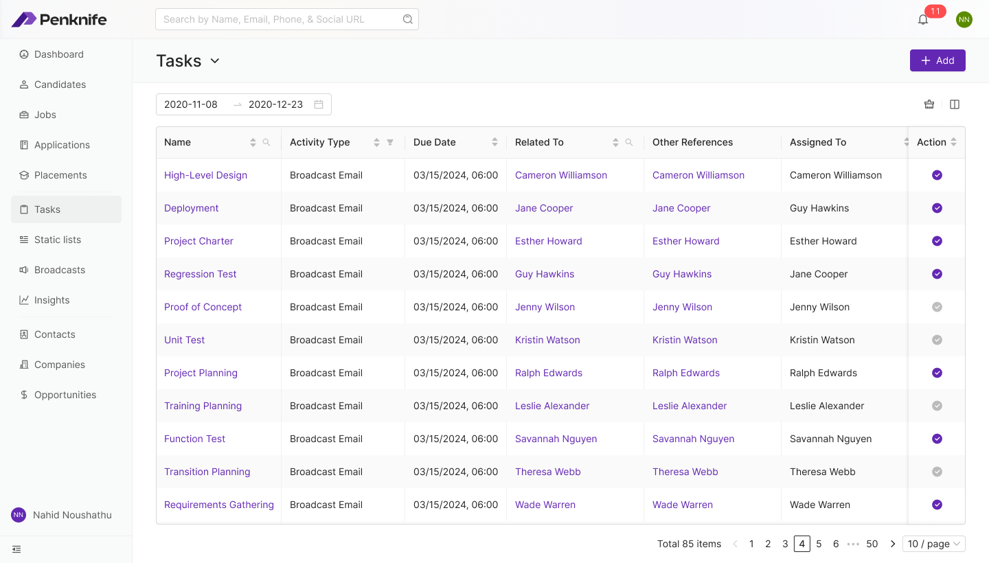 Penknife tasks table with related-to and other-references columns