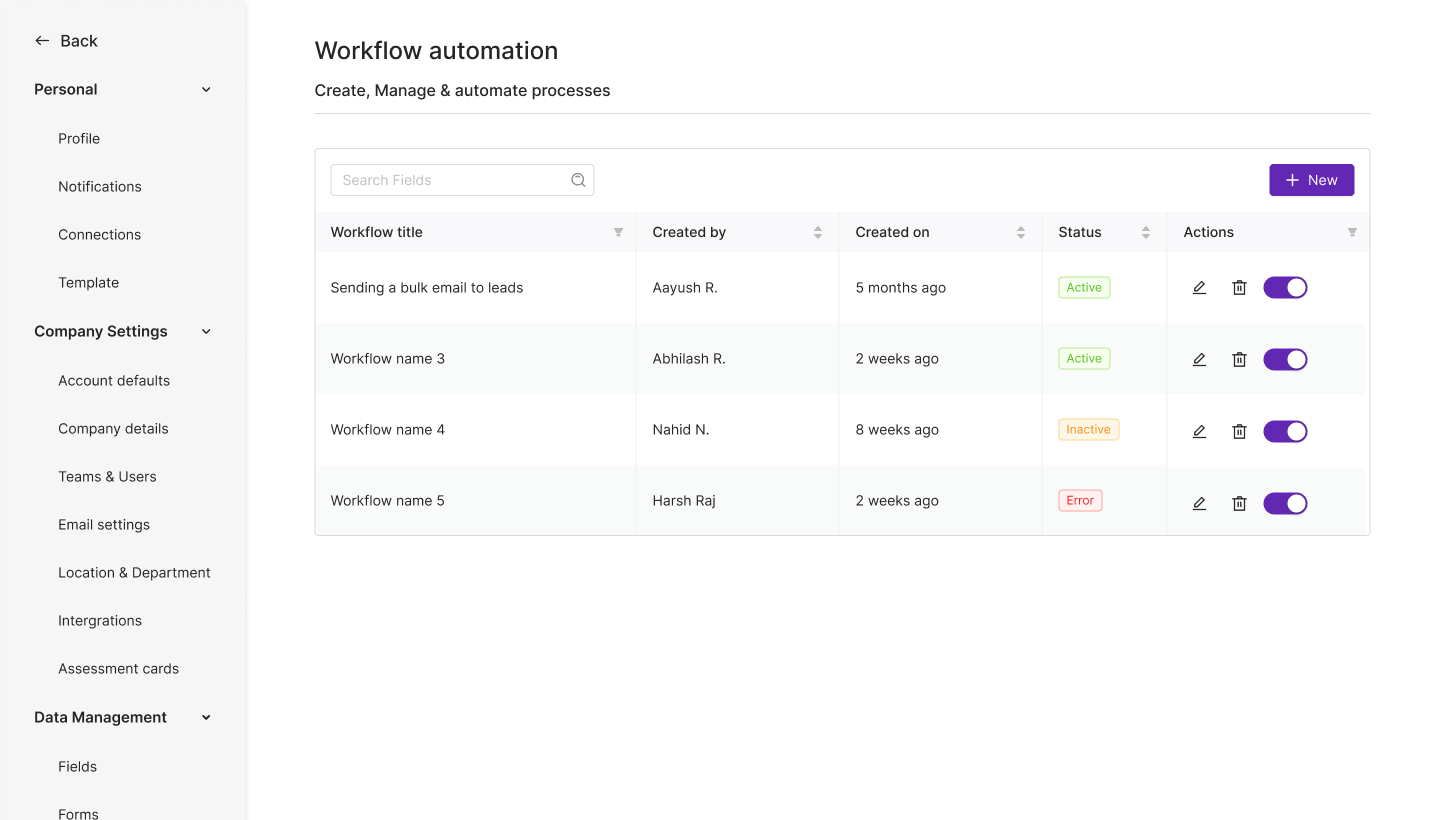 Penknife workflow automation list with active, inactive and error states