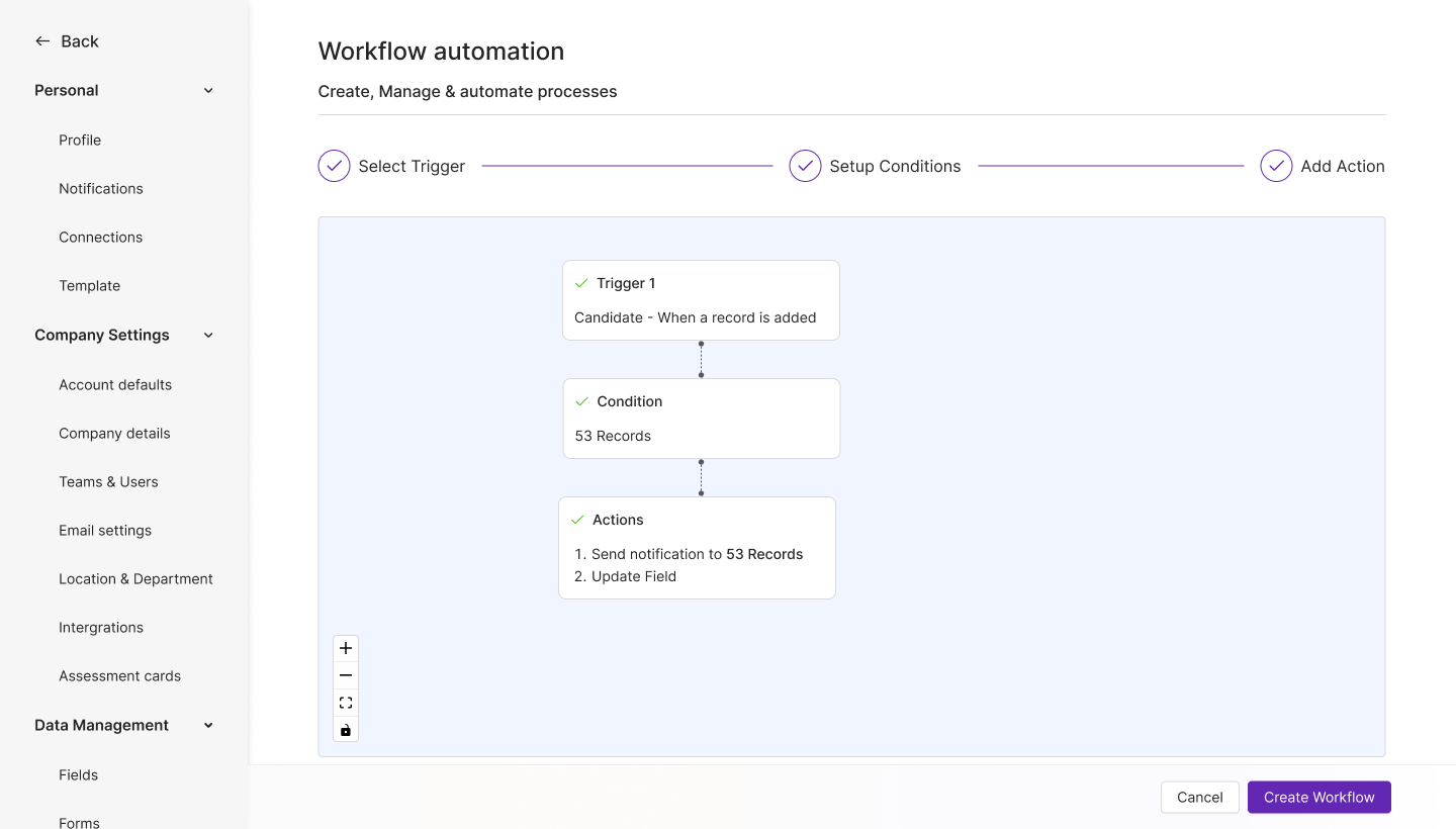 Penknife workflow builder canvas — trigger, condition and action nodes
