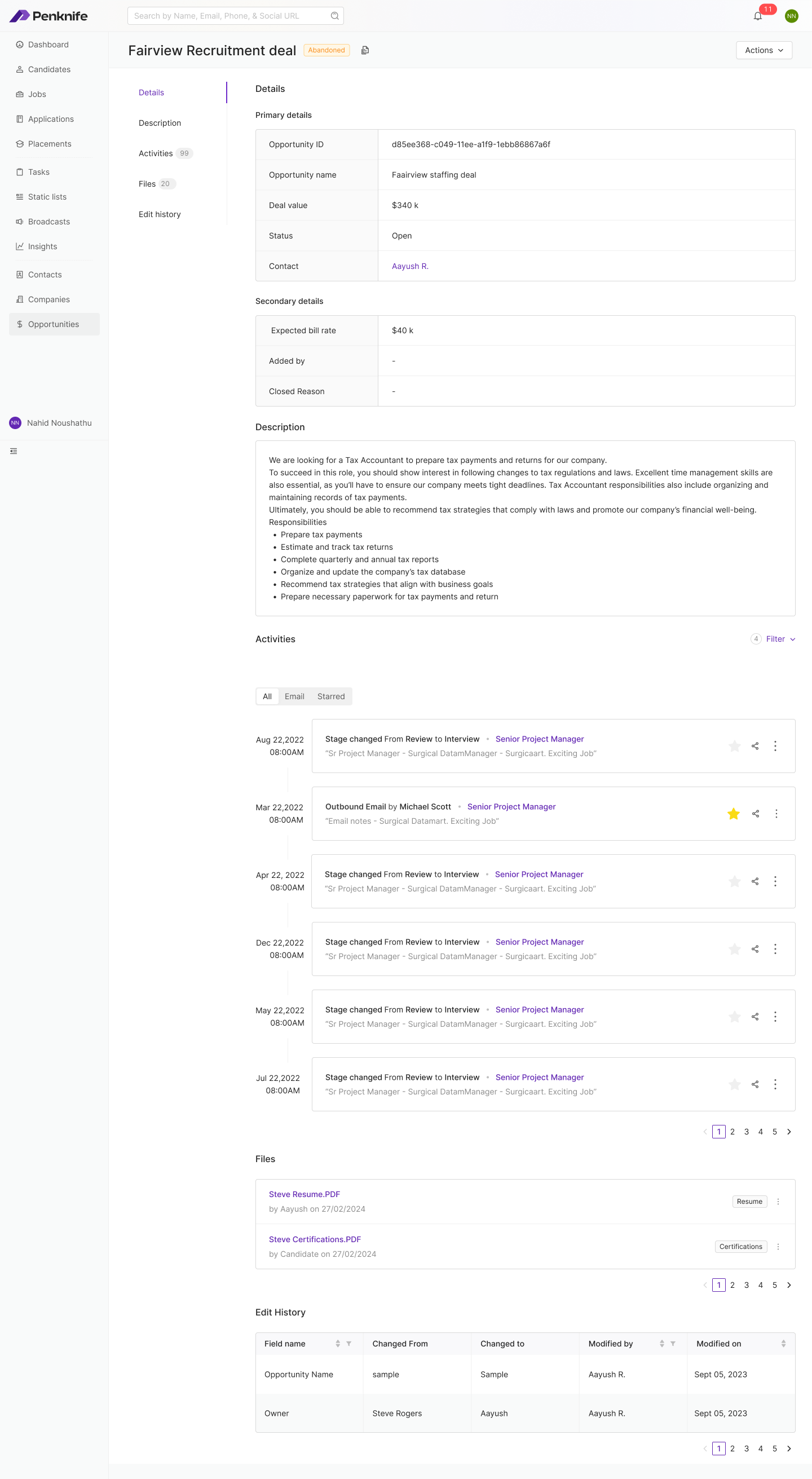Penknife opportunity detail page — details, description, activities, files and edit history